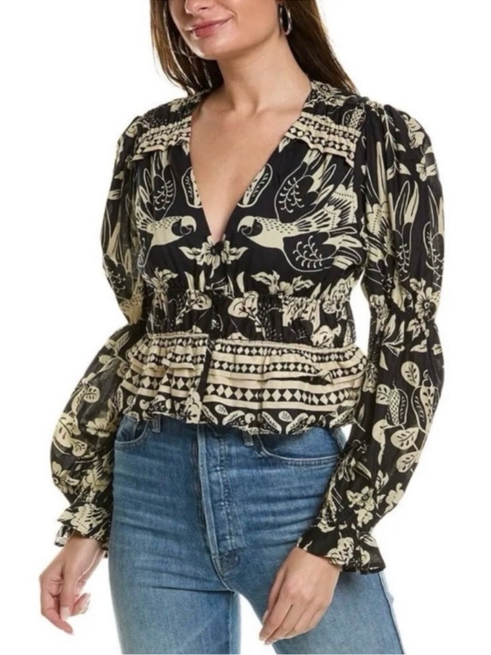 Farm Rio Long Sleeve Peplum Cropped Blouse Size M Macaw Print Boho Tropical